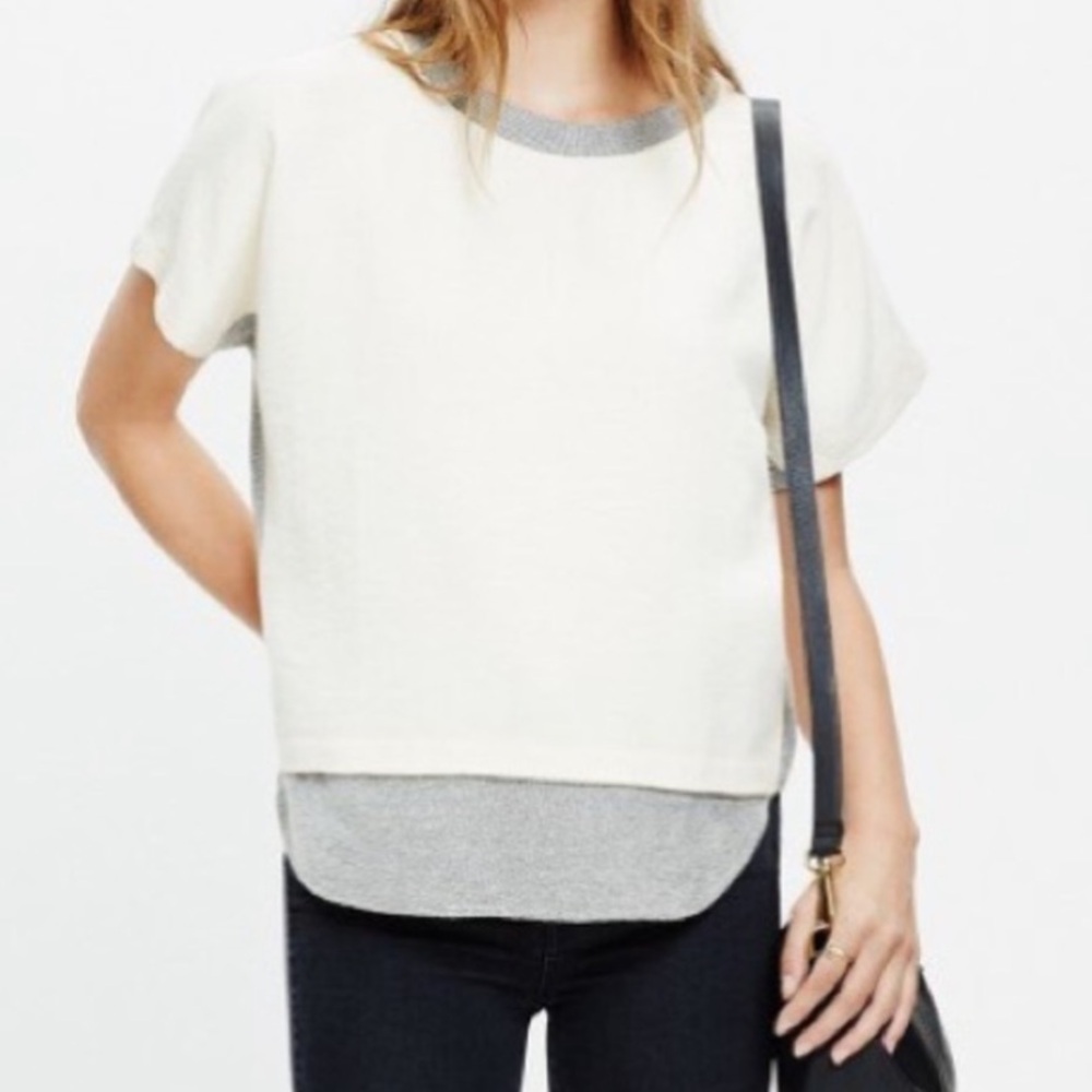 Madewell Women's Cream and Gray Short Sleeve neutral minimalist Top Med